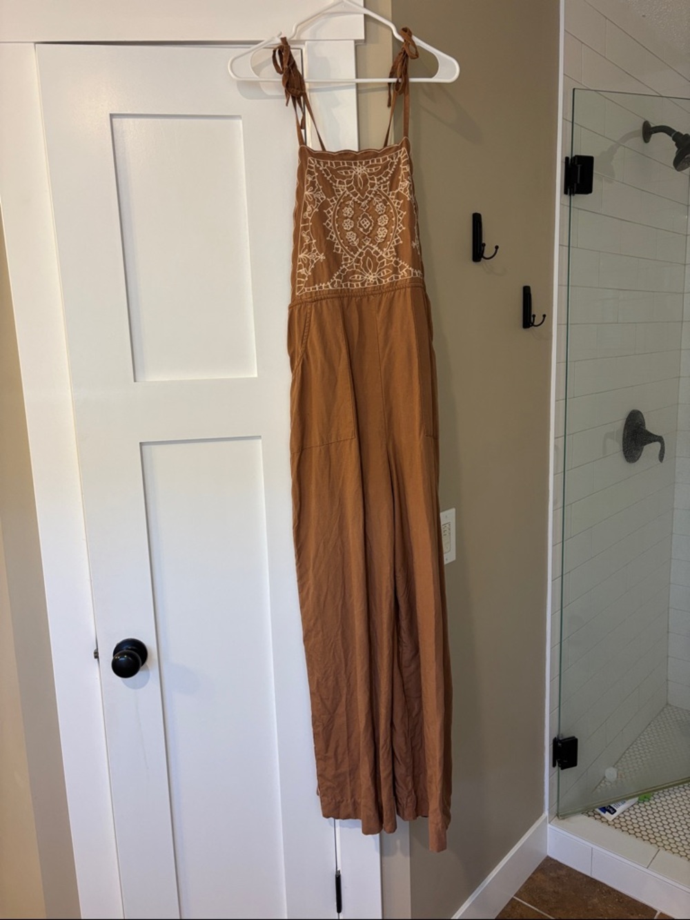 Anthropologie Brown Embroidered Tie-Strap Wide-Leg Jumpsuit